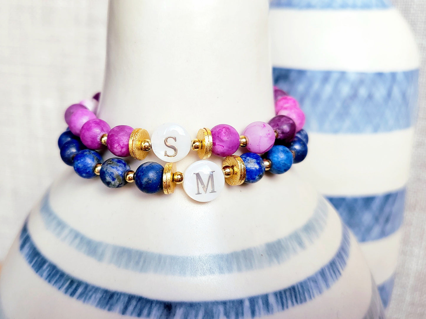 Gemstone Bracelet: Personalized Mother-of-pearl Initial Bead