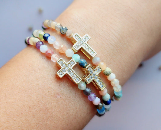Gemstone Cross Bracelet: Tiny Mixed Stone Beads, Cubic Zirconia Charm