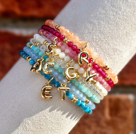 Initial Charm Bracelet: 3mm Tiny Gemstone Beads, 18k Gold Filled Charm, Personalized Jewelry