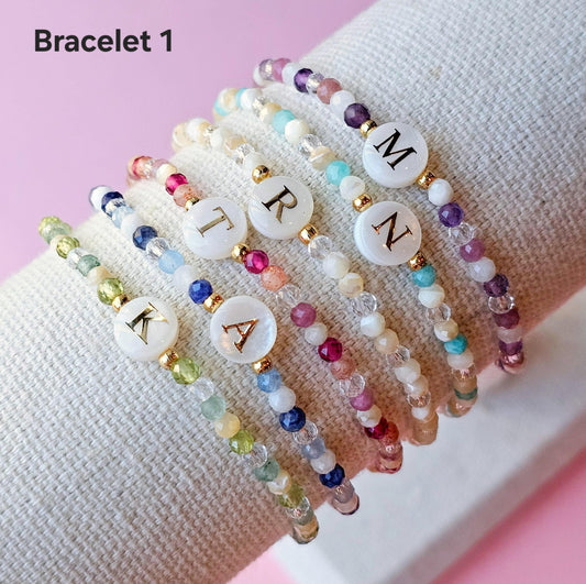 Personalized Gemstone Initial Bracelet: 3mm Natural Gemstones, 18k Gold Filled Charm, Mother-of-pearl Bead