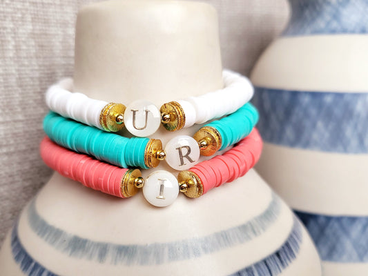 Heishi Bead Initial Bracelet: Mother-of-pearl Letter, Gold Spacers