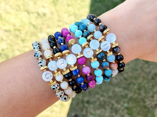 Gemstone Bracelet: Personalized Mother-of-pearl Initial Bead