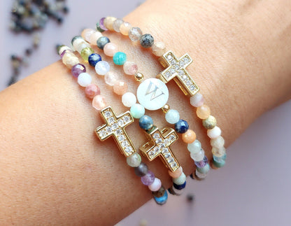 Gemstone Cross Bracelet: Tiny Mixed Stone Beads, Cubic Zirconia Charm