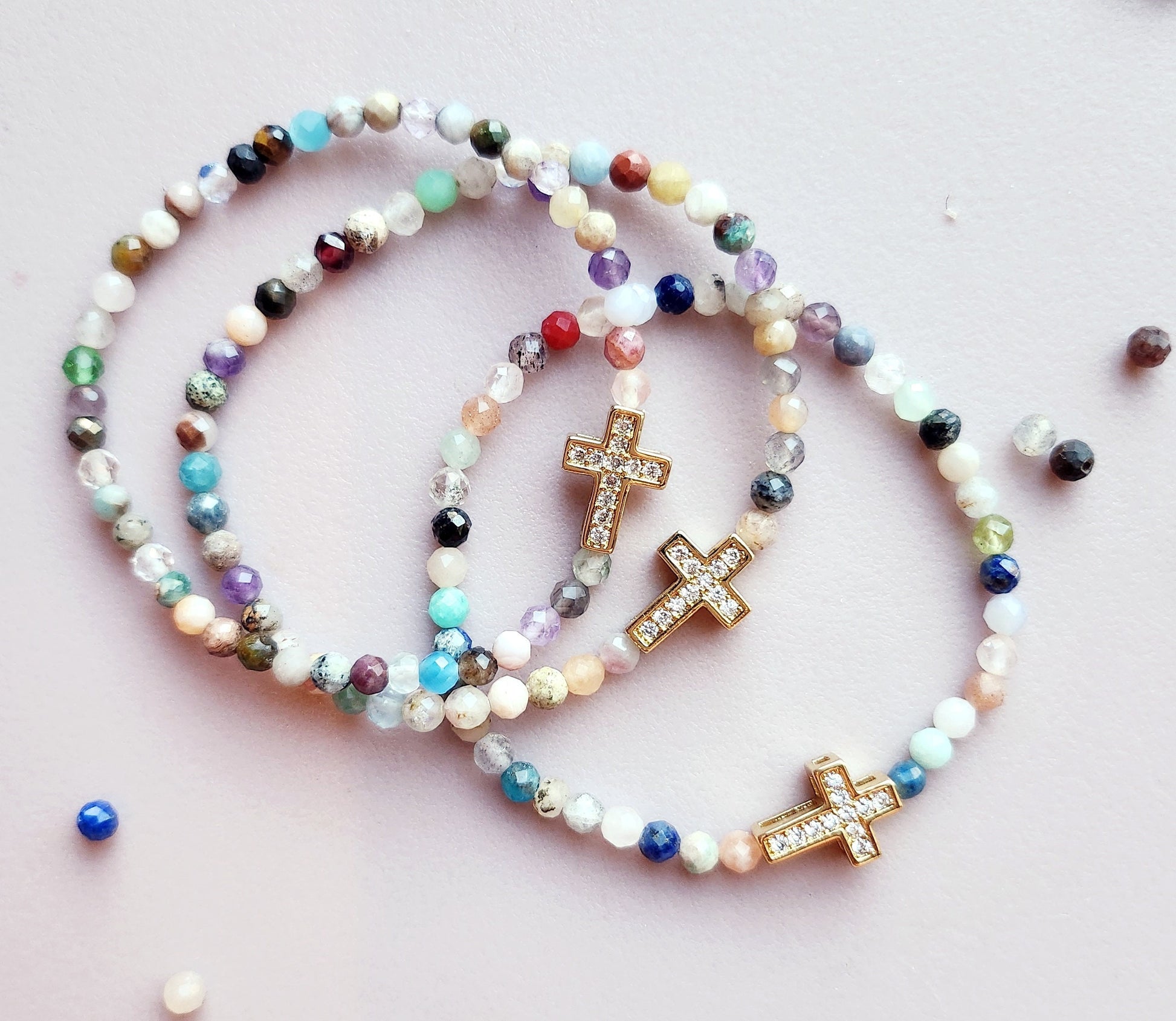 Gemstone Cross Bracelet: Tiny Mixed Stone Beads, Cubic Zirconia Charm