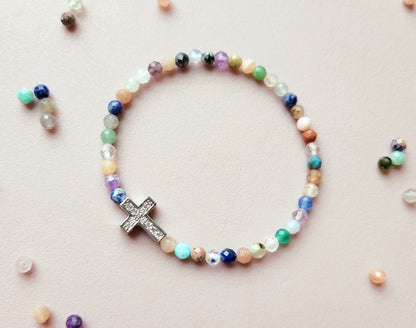 Gemstone Cross Bracelet: Tiny Mixed Stone Beads, Cubic Zirconia Charm