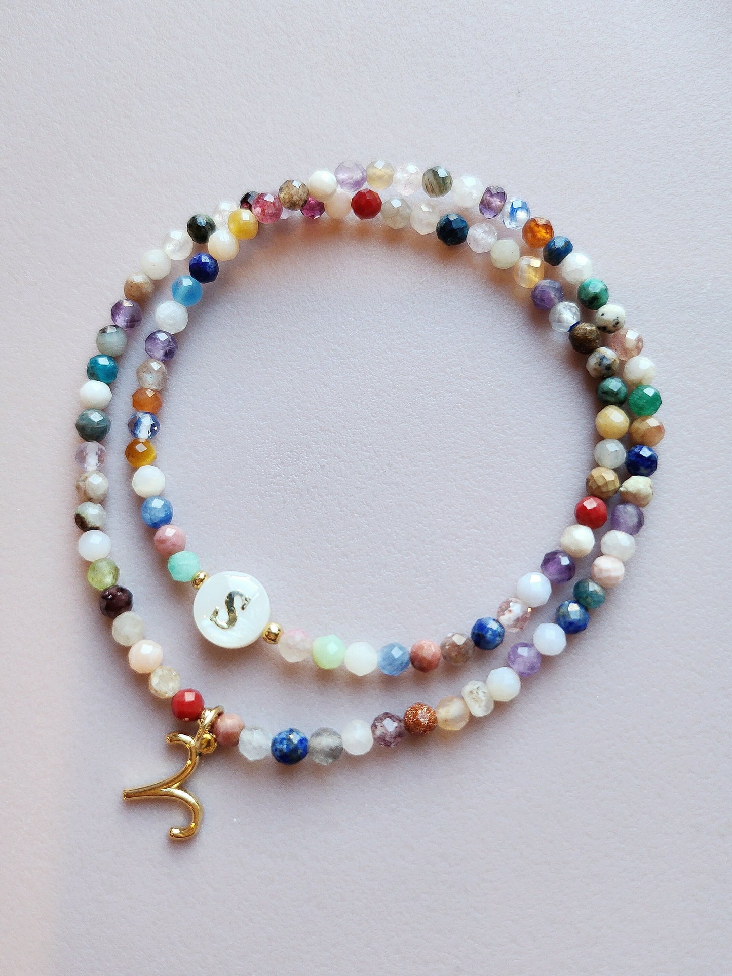 Zodiac Sign Initial Bracelet: Mixed Gemstone Personalized Jewelry, Double Layered