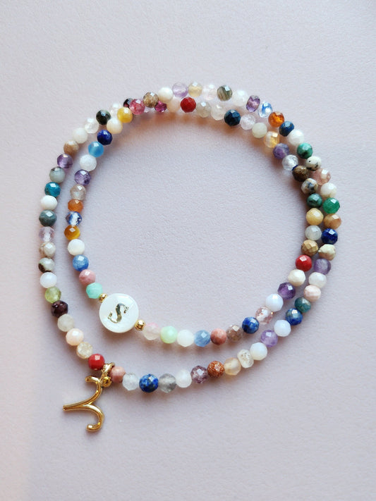 Zodiac Sign Initial Bracelet: Mixed Gemstone Personalized Jewelry, Double Layered