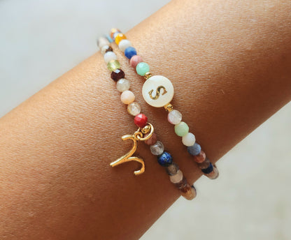 Zodiac Sign Initial Bracelet: Mixed Gemstone Personalized Jewelry, Double Layered