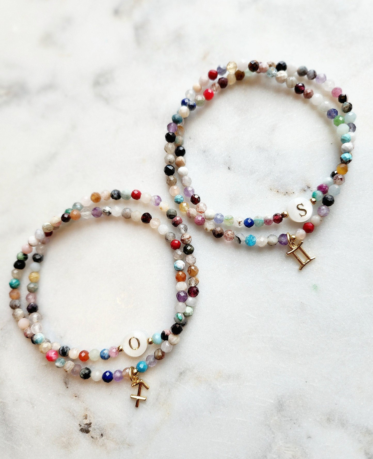 Zodiac Sign Initial Bracelet: Mixed Gemstone Personalized Jewelry, Double Layered