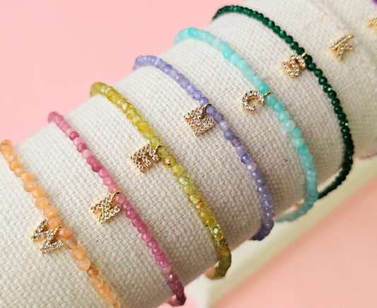 Dainty Birthstone Initial Bracelet: 2mm Tiny Gemstone Beaded Bracelet, 14k Gold Plated Charm