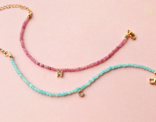 Dainty Birthstone Initial Bracelet: 2mm Tiny Gemstone Beaded Bracelet, 14k Gold Plated Charm