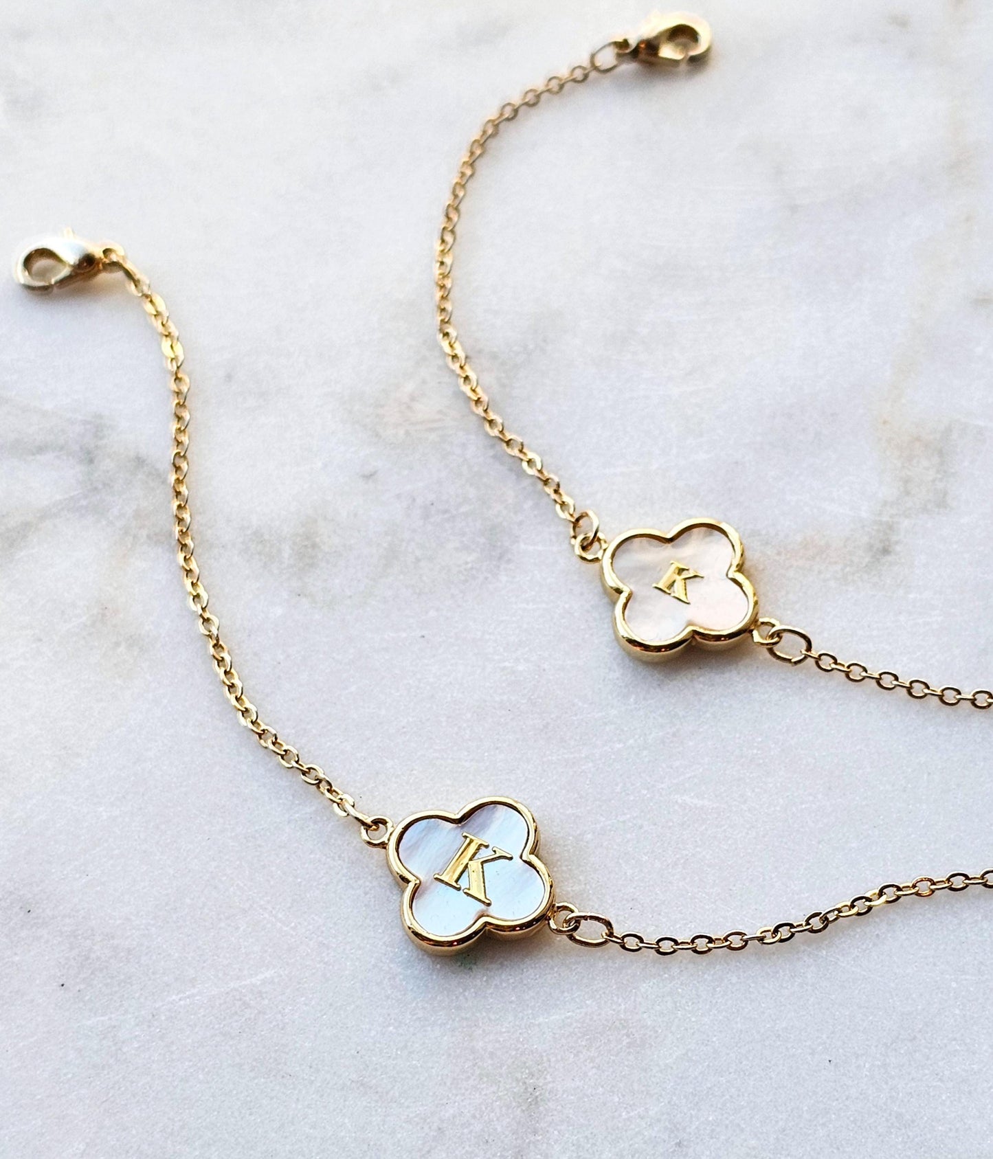 Mother Of Pearl Clover Bracelet: 14k Gold Initial Charm