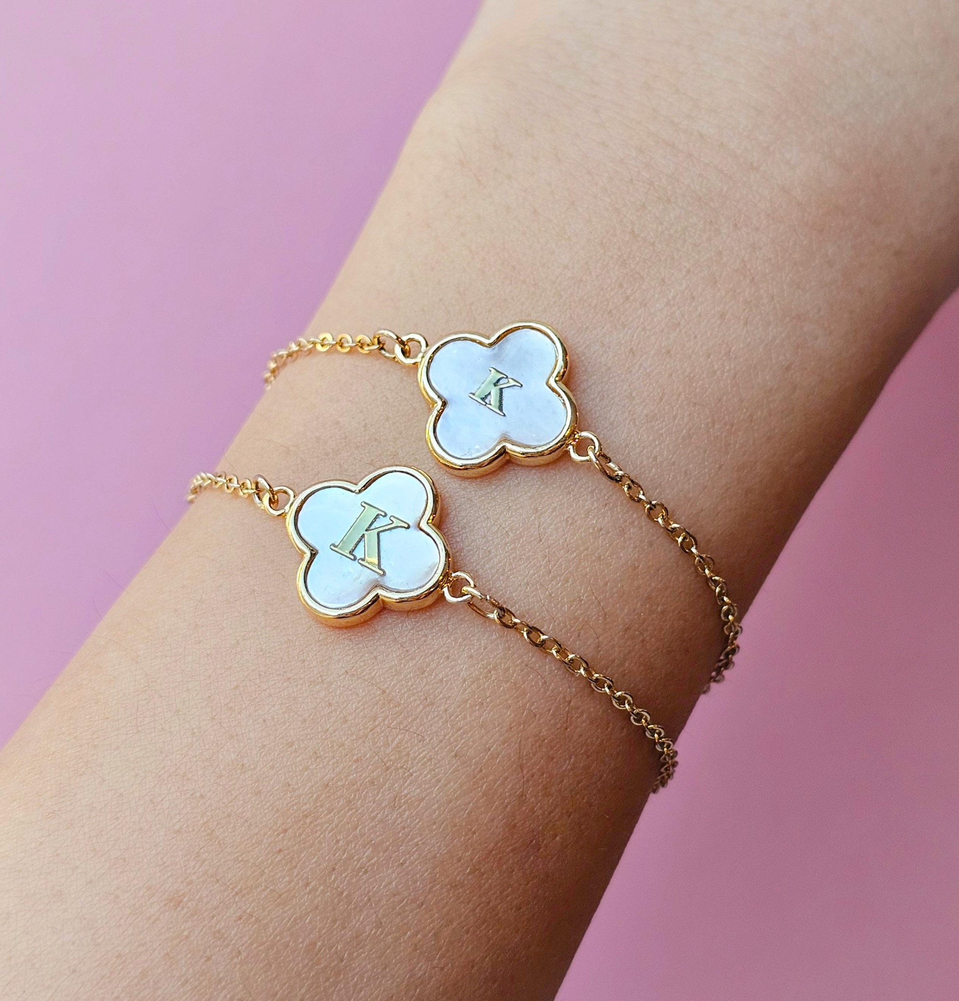 Mother Of Pearl Clover Bracelet: 14k Gold Initial Charm