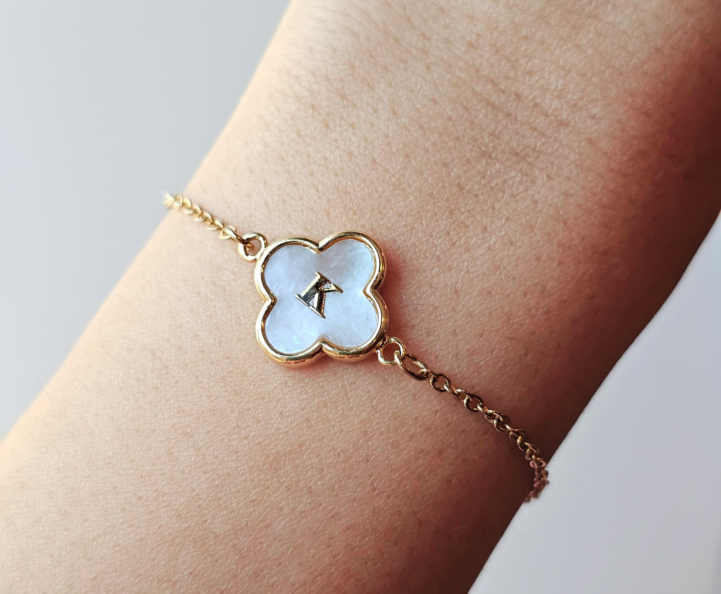 Mother Of Pearl Clover Bracelet: 14k Gold Initial Charm