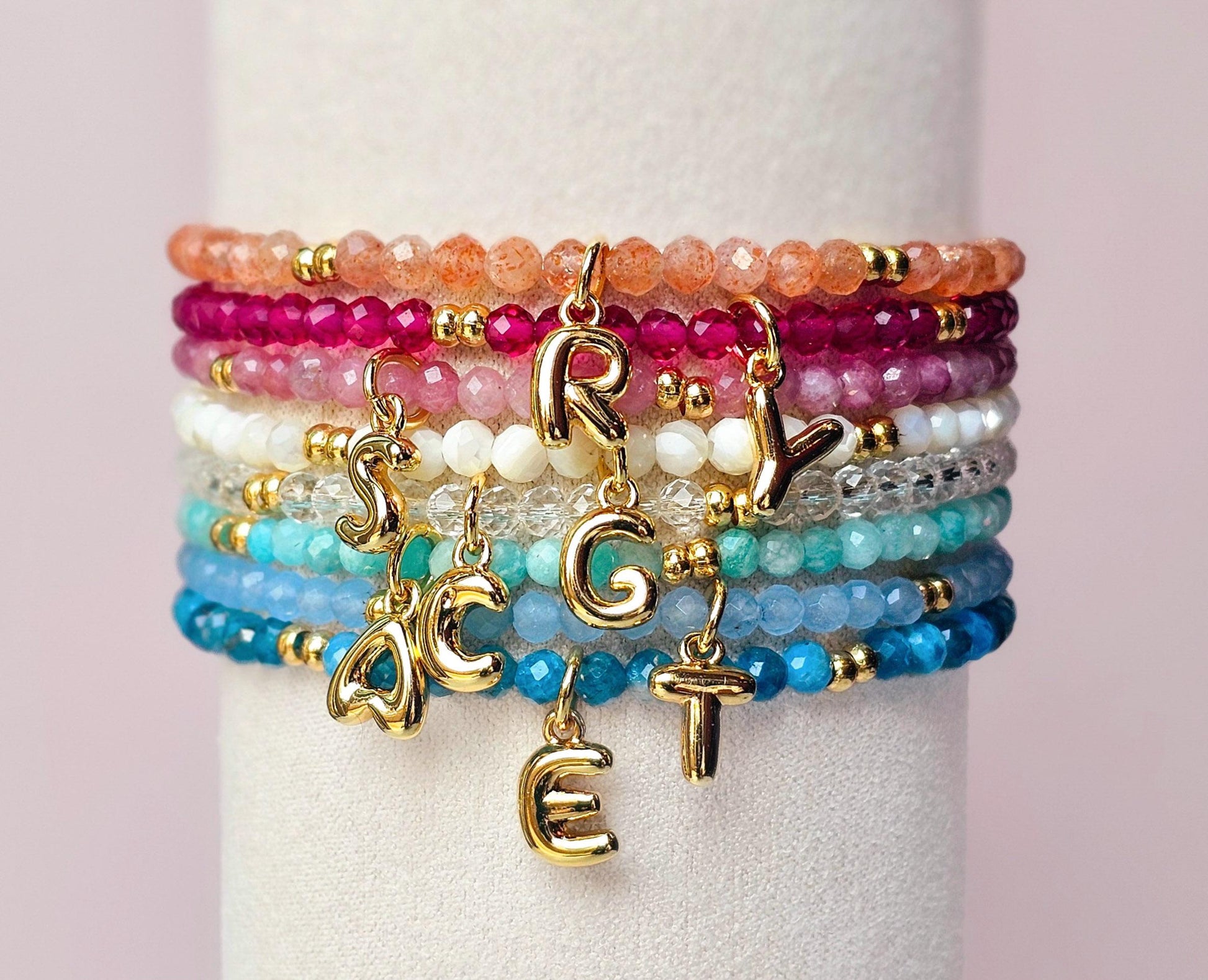 Initial Charm Bracelet: 3mm Tiny Gemstone Beads, 18k Gold Filled Charm, Personalized Jewelry