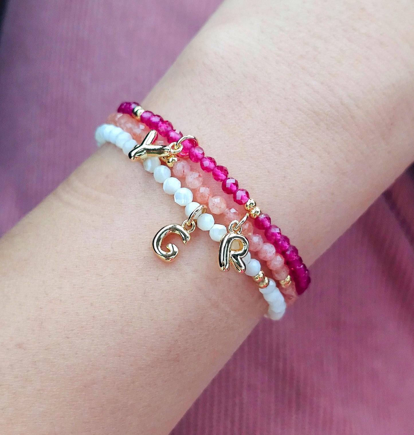 Initial Charm Bracelet: 3mm Tiny Gemstone Beads, 18k Gold Filled Charm, Personalized Jewelry