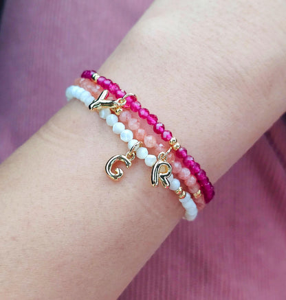 Initial Charm Bracelet: 3mm Tiny Gemstone Beads, 18k Gold Filled Charm, Personalized Jewelry