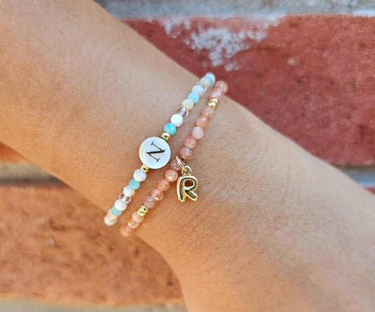Personalized Gemstone Initial Bracelet: 3mm Natural Gemstones, 18k Gold Filled Charm, Mother-of-pearl Bead