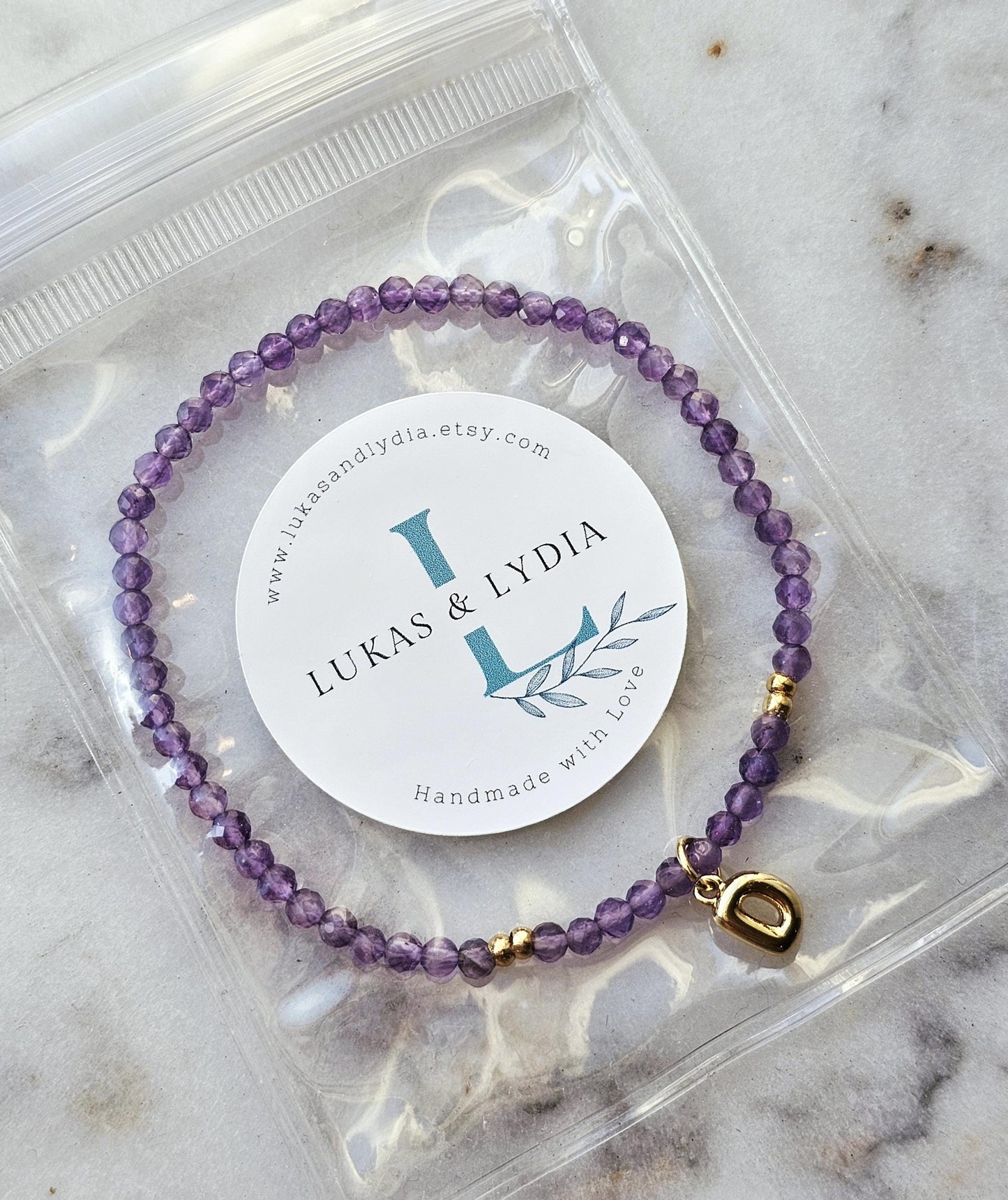 Initial Charm Bracelet: 3mm Tiny Gemstone Beads, 18k Gold Filled Charm, Personalized Jewelry